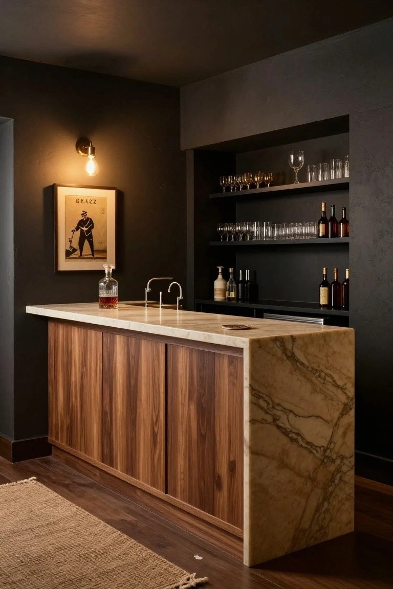 Built-In Marble Bar with Walnut Cabinets