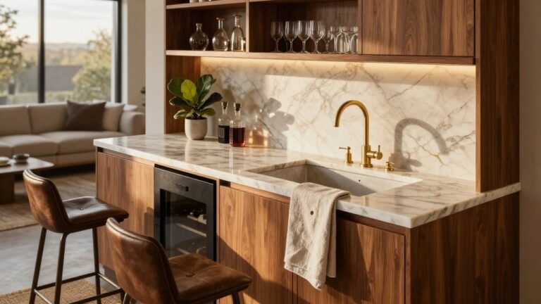 18 Gorgeous Modern Marble Bar Designs With Timeless Appeal Modern kitchen bar area with walnut wood cabinets and open shelving for glassware, white marble countertop and sink with gold faucet, integrated black wine cooler, leather bar stools, and window view to outdoors.