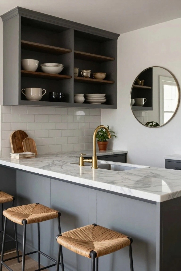 Gray kitchen island bar with white veined marble countertop, three black metal bar stools with rattan seats, brass gooseneck faucet over stainless sink, white subway tile backsplash, and open dark wood shelves holding white dishes and pottery.