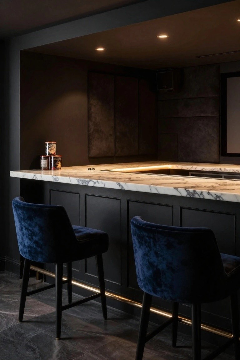 Modern interior home bar with white veined marble countertop, black paneled cabinets, two blue velvet bar stools, brass foot rail, and LED underlighting along the bar edge.