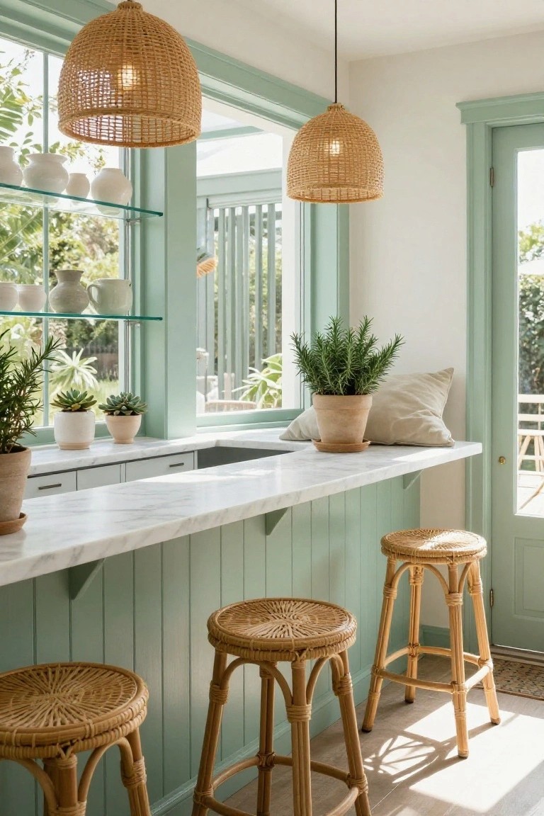 Kitchen bar with white marble countertop on sage green paneled base, three rattan bar stools, potted plants on counter and shelves, white ceramics on glass shelving, and two wicker pendant lights above, next to large windows showing greenery outside.