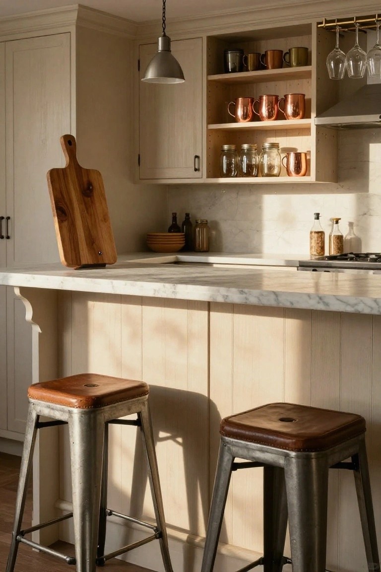 Kitchen interior with white marble bar peninsula countertop, integrated sink, white shaker-style cabinets, open shelves holding copper mugs and glass jars, wooden cutting board, and two leather-padded metal bar stools.