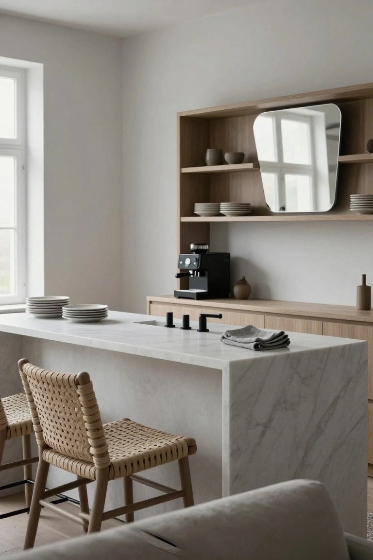 Modern kitchen with white marble island bar, two rattan barstools, oak cabinets and open shelving holding plates and ceramics, black espresso machine, and neutral walls.