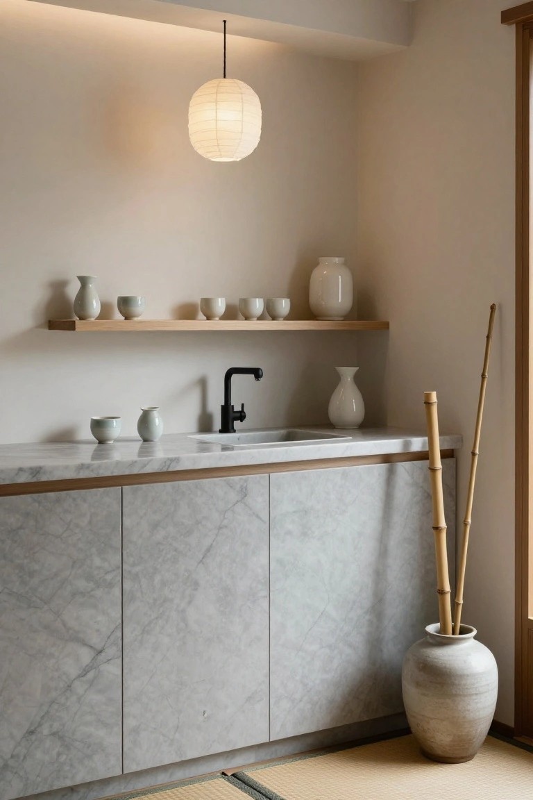 Corner of a minimalist kitchen featuring gray veined marble countertops and cabinets, oak floating shelves with white ceramic vases and bowls, black faucet over white sink, bamboo stalks in gray vase, paper lantern overhead, and tatami mat on floor.