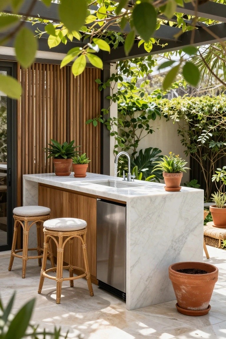 Outdoor white marble bar counter with sink, wood cabinets, stainless steel underbar fridge, two rattan bar stools with white cushions, potted plants on counter and floor, greenery-covered pergola overhead, tiled patio floor.
