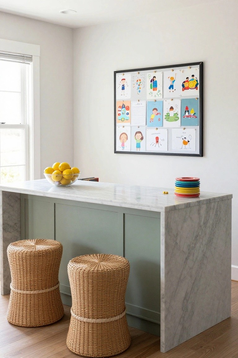 Kitchen island bar with white marble top and lower sage green cabinets, two woven rattan stools beside it, a glass bowl of lemons and stack of colorful plates on the counter, and a framed bulletin board of children's drawings on the wall.
