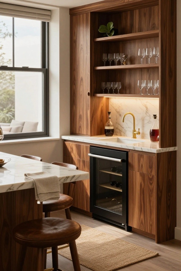 Modern kitchen bar area with walnut wood cabinets and open shelving for glassware, white marble countertop and sink with gold faucet, integrated black wine cooler, leather bar stools, and window view to outdoors.