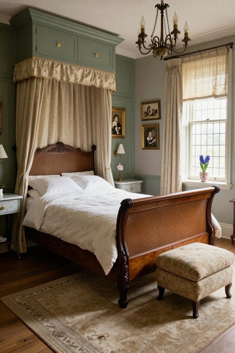 A sage green paneled bedroom with a large wooden sleigh bed draped in cream fabric canopy, white bedding, antique portraits on walls, chandelier lighting, and a window sill with blue hyacinths in a pot.
