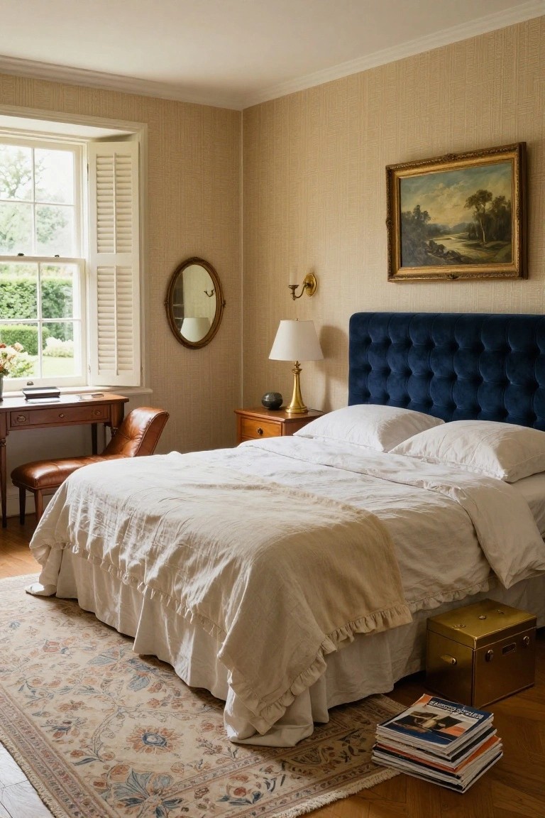 Bedroom interior with blue tufted velvet headboard on a bed with white linen sheets and beige throw, beige striped walls, wooden desk with leather chair, oval mirror, landscape painting, and parquet floor.