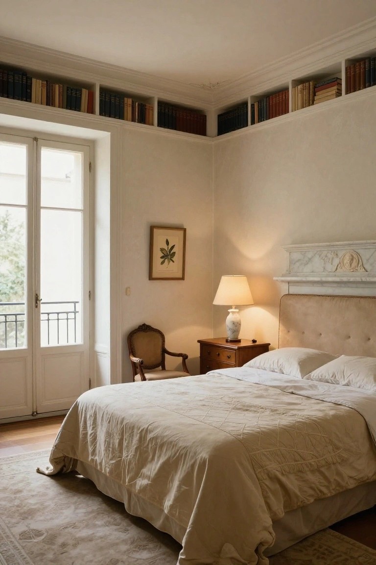 A beige bedroom with a large bed draped in white linens, upholstered headboard against a marble fireplace mantel, wooden nightstand and armchair, open French doors to a balcony, and built-in wooden bookshelves lining the upper walls near the ceiling.