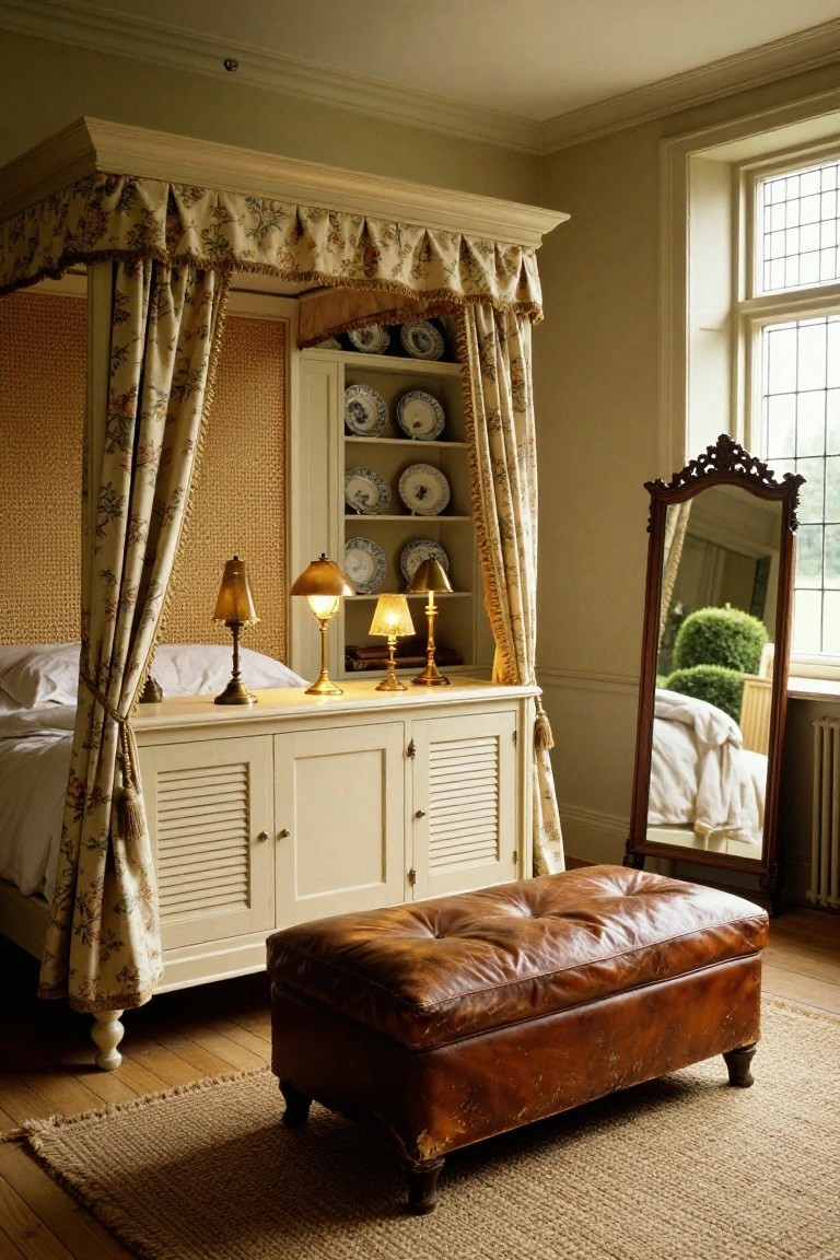 A bedroom with a cream-colored canopy bed draped in floral curtains, wooden cabinets with shelves of white dishes, brass lamps on nightstands, a leather ottoman, tall antique mirror, and leaded window.