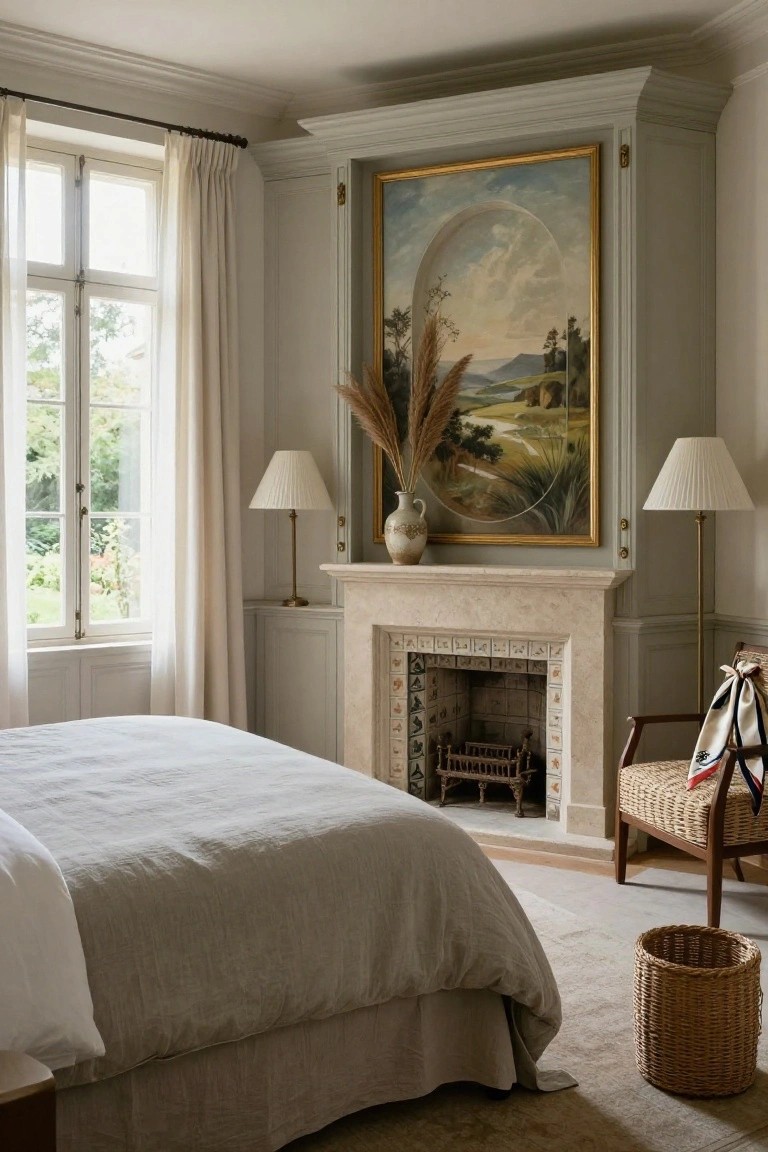 Elegant bedroom with fireplace, large landscape painting, and neutral linen bedding.