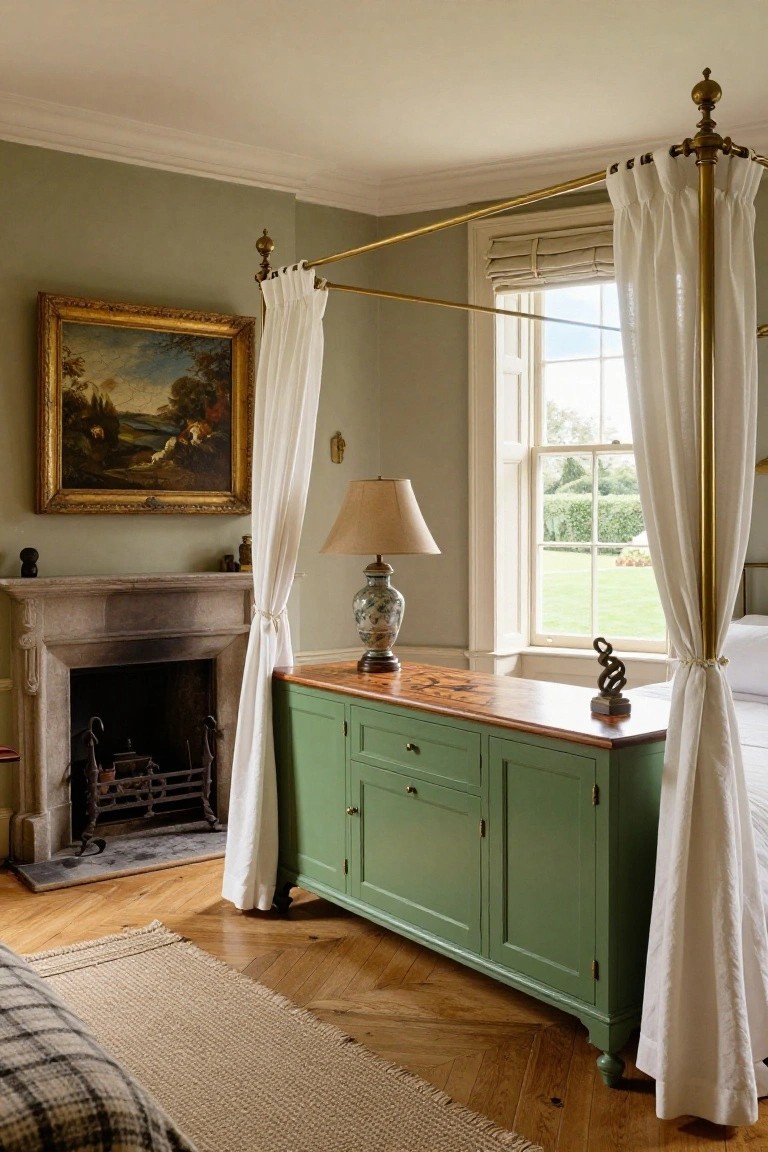 Sage green bedroom interior with brass four-poster bed draped in white curtains, green wooden dresser topped with lamp and vase, stone fireplace, and tall window showing garden view.