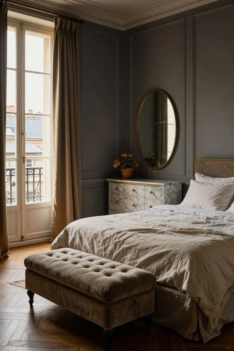 A bedroom corner with soft gray paneled walls, a large round gold mirror over a marble and gold dresser holding potted orange flowers, a beige upholstered bed with rumpled white linens and pillows, a tufted beige bench at the foot, large French windows with beige curtains, and parquet flooring.