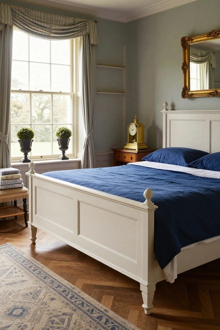 Pale green bedroom with white paneled four-poster bed covered in navy blue bedding, gold-framed mirror on wall, wooden clock on side table, shelves with plants, large sash window with gray curtains and striped pelmet, parquet flooring.