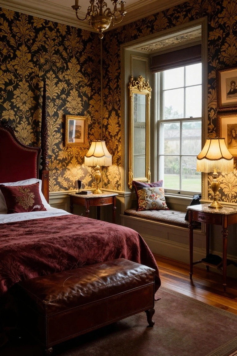 A bedroom interior with black and gold damask wallpaper on walls, a red four-poster bed with pillows, bedside tables with lamps, a leather bench at the foot, and a window seat by a large window.