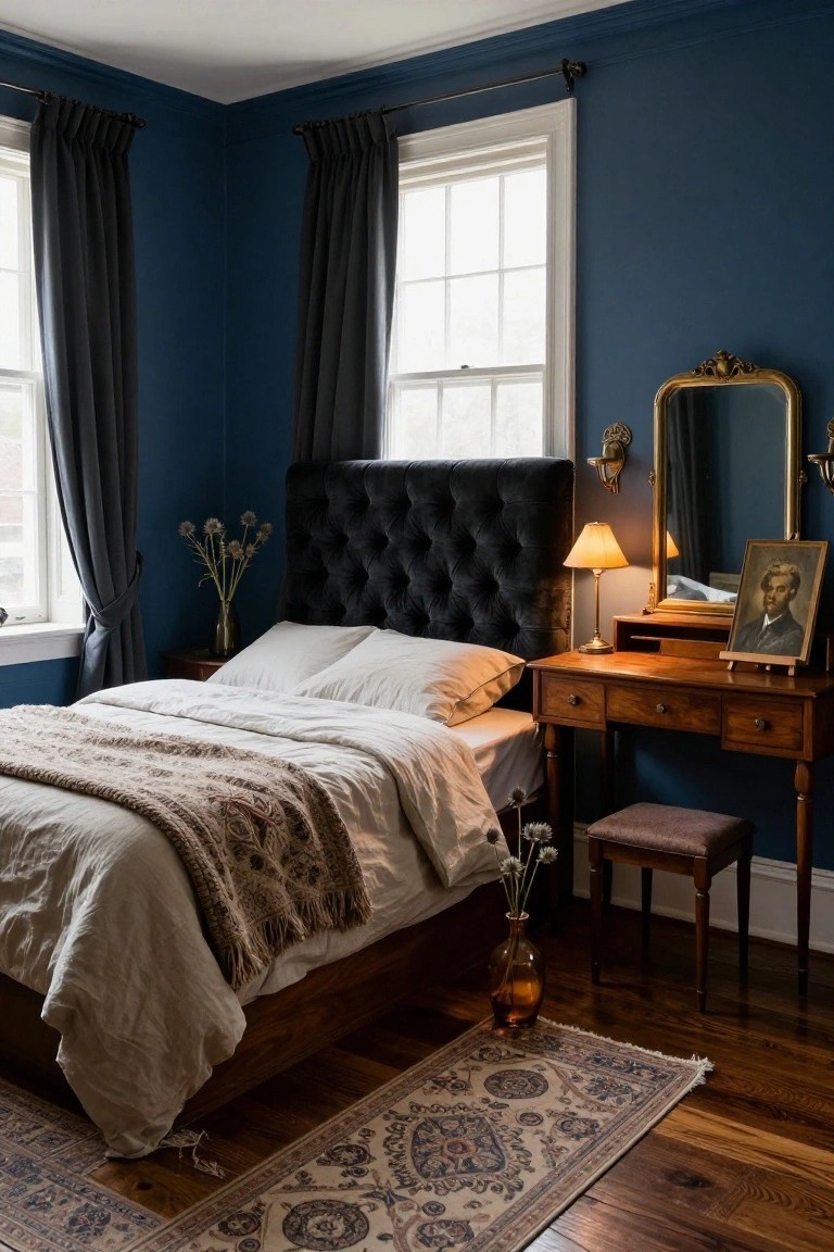 Bedroom interior with deep navy blue walls, black tufted velvet headboard on wooden bed frame with white linens and throw, antique wooden desk with gold mirror and portrait, dried flowers, lamps, gray curtains on windows, and Persian-style rug on hardwood floors.