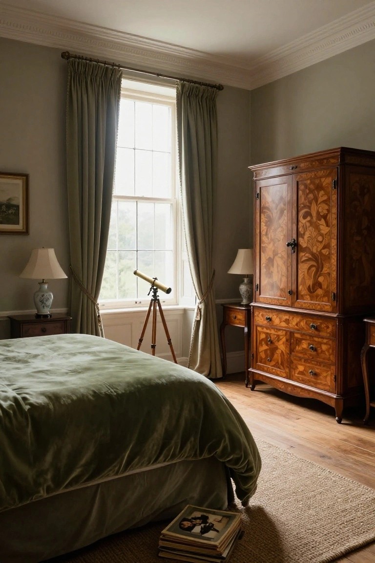 Bedroom with tall ornate wooden armoire, green velvet bed, brass telescope on tripod stand, two table lamps, and green curtains on sash window.
