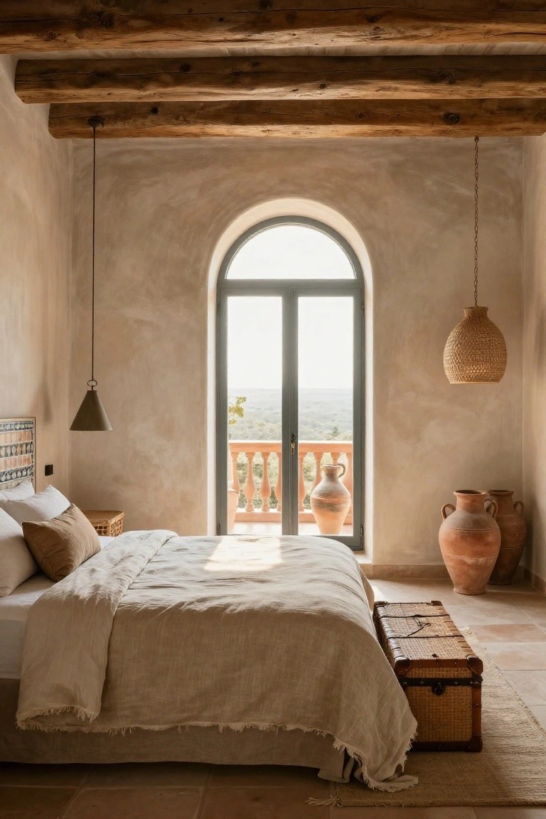 Bedroom interior with exposed wooden beam ceiling, beige textured plaster walls, large arched window and door opening to a balcony with landscape view, bed with white linen bedding and pillows, terracotta pots on floor, woven pendant lights, and wooden trunk at bed foot.