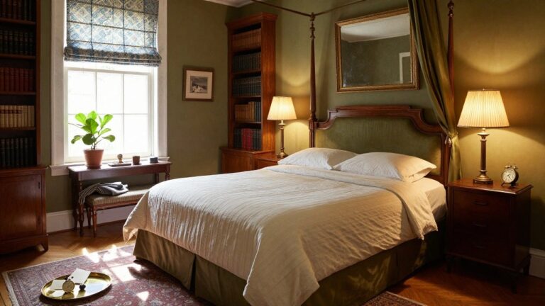 18 Gorgeous Old Money Luxury Bedroom Inspirations That Last A bedroom interior with a wooden four-poster bed draped in green velvet curtains, white bedding, bedside lamps, tall bookshelves, marble fireplace, potted plant, and Persian rug on parquet flooring.