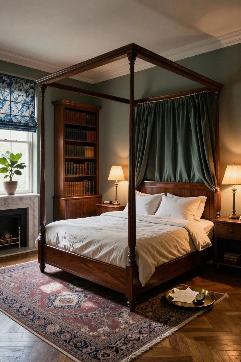 A bedroom interior with a wooden four-poster bed draped in green velvet curtains, white bedding, bedside lamps, tall bookshelves, marble fireplace, potted plant, and Persian rug on parquet flooring.