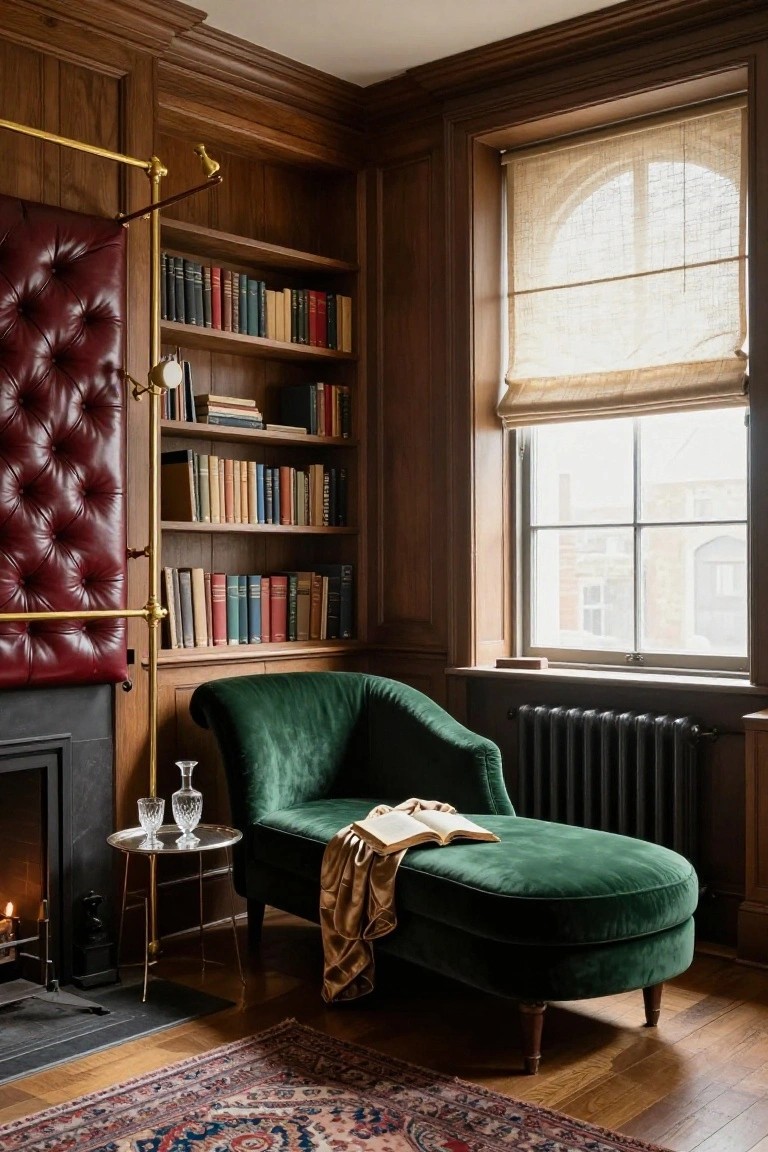 Cozy library corner with green velvet chaise, bookshelves, fireplace, and large window.