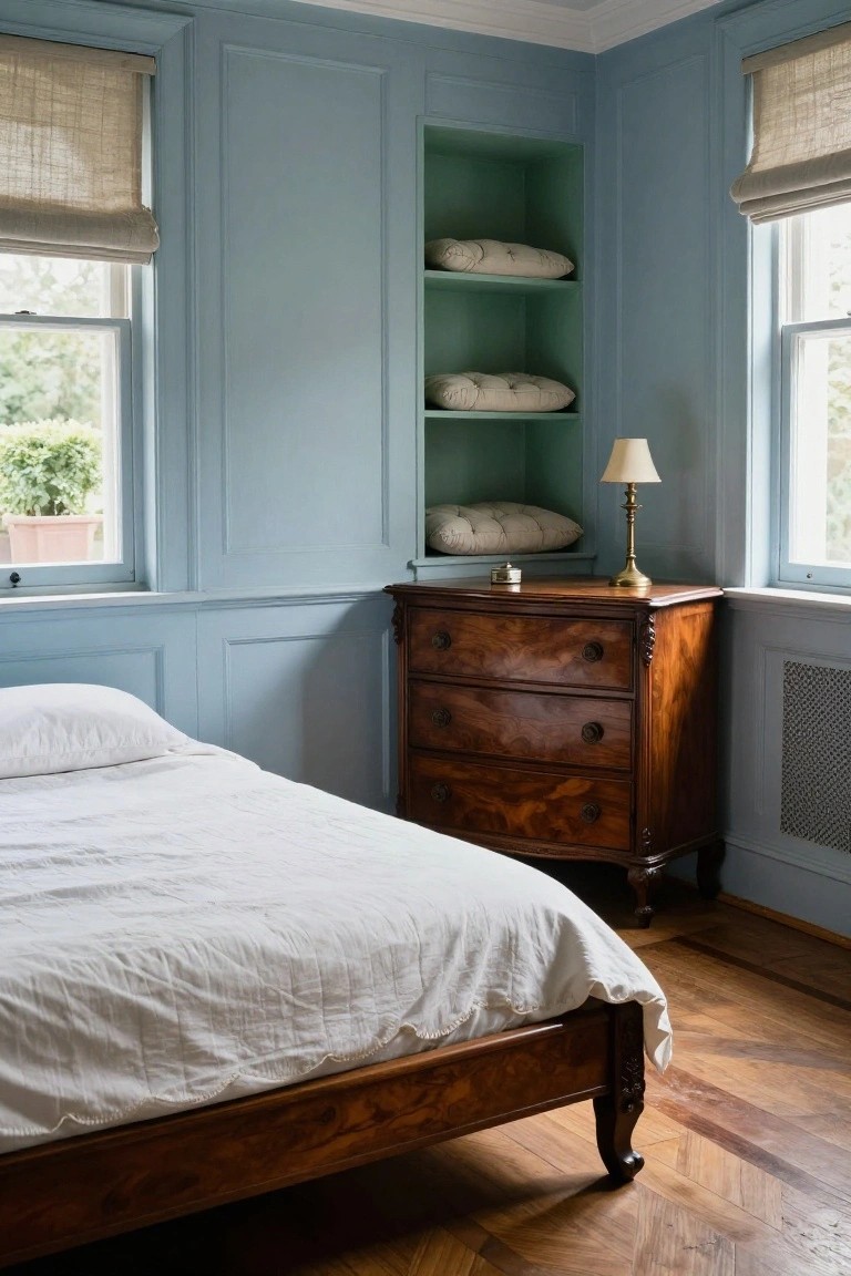 Corner view of a bedroom with pale blue paneled walls, green built-in shelves holding cushions, wooden dresser with lamp, wooden bed with white linens, and parquet wood floor.