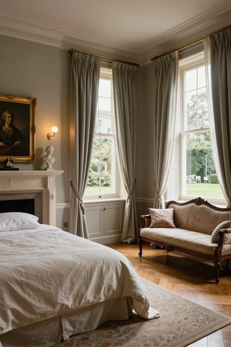 Corner of a pale green-gray bedroom with king bed, marble fireplace holding portrait painting and sculpture, beige chaise lounge, hardwood floors, and two sets of tall sash windows covered by gray pleated curtains overlooking lawn and trees.