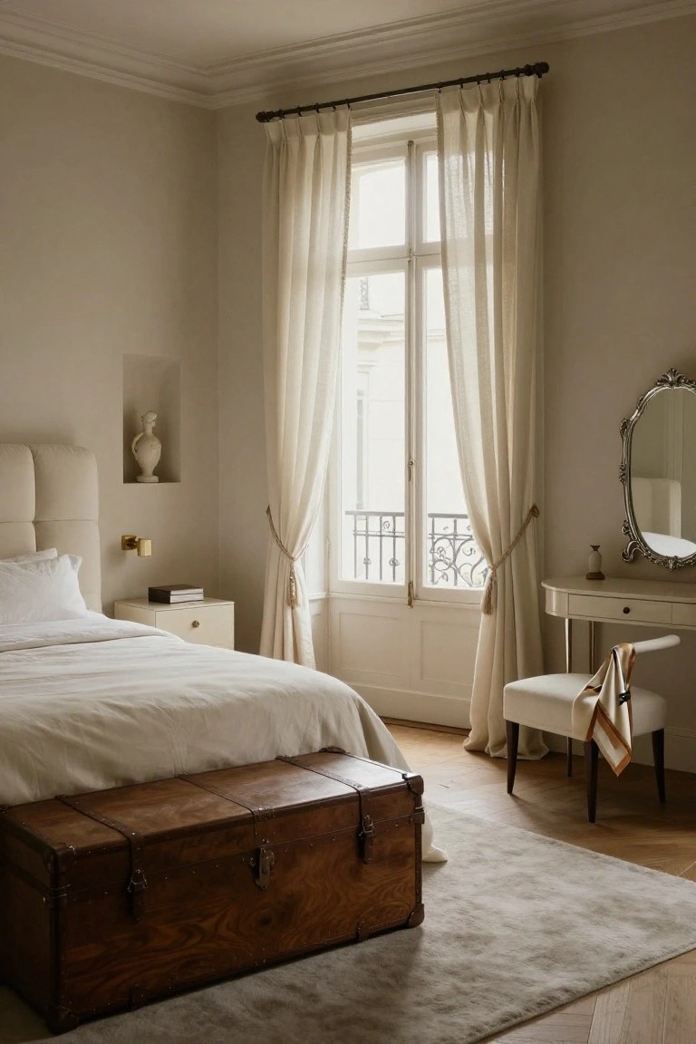 Light beige bedroom interior with white tufted bed, brown wooden trunk with metal straps at foot of bed, tall windows draped in sheer curtains, white nightstand, and curved-leg vanity with ornate mirror.