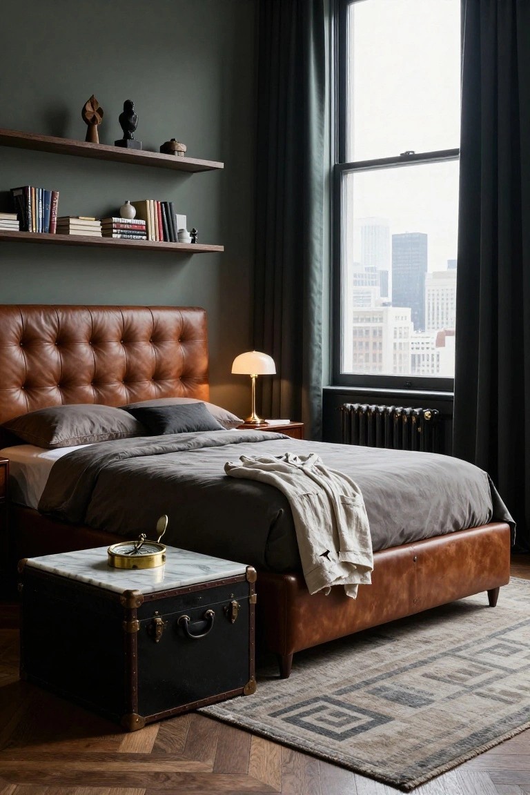 Bedroom interior featuring a tufted brown leather headboard bed with white linens, marble nightstand with lamp and books, adjacent vintage brown leather trunk, gold dome object on trunk, dark green curtains framing a large window with city view, cast iron radiator, and herringbone parquet wood floors with a patterned rug.