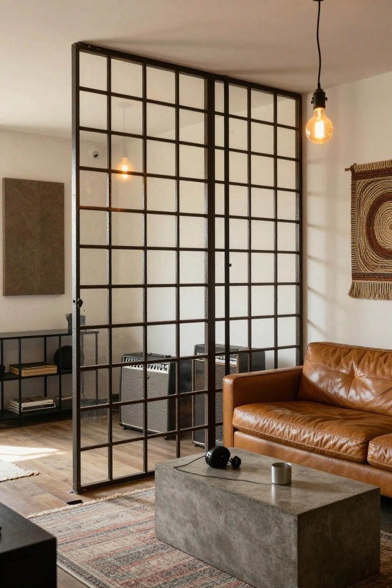 Modern living room with two tall black metal framed sliding glass partitions, orange leather sofa, gray concrete coffee table, guitar amplifiers, headphones, and hanging bulb lights.