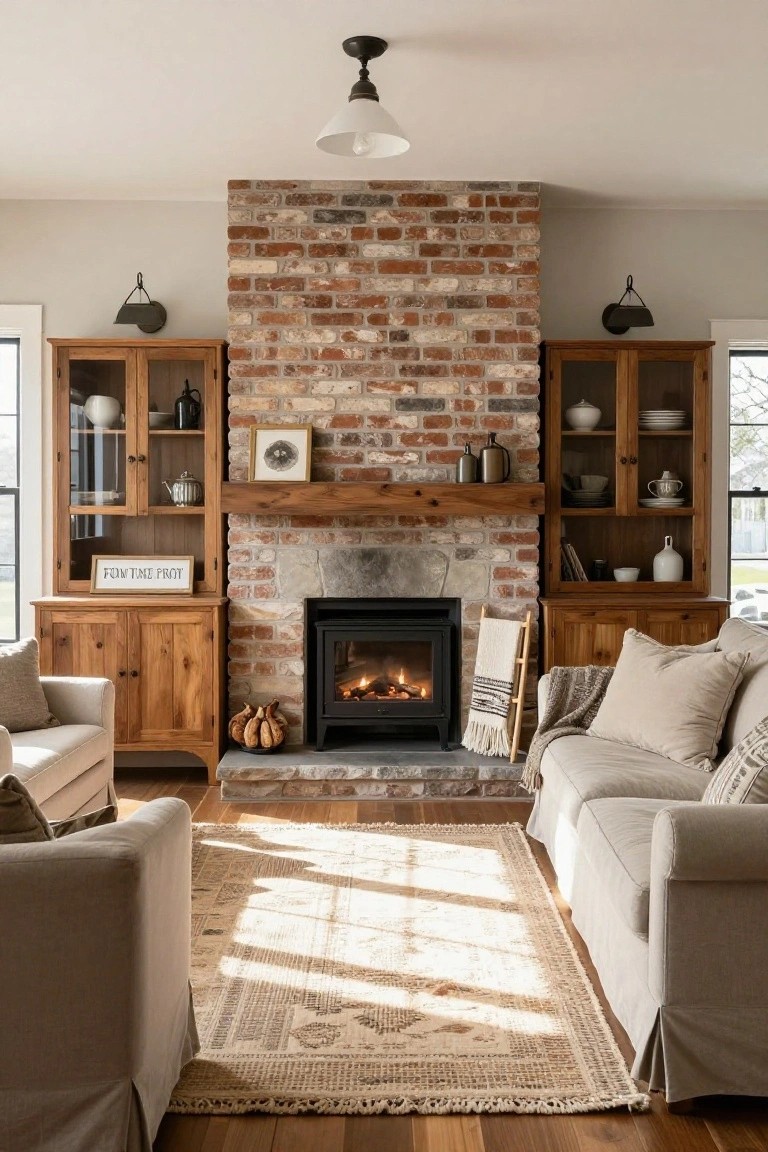 A living room with a tall central brick fireplace flanked by wooden cabinets on both sides, beige slipcovered sofas facing it, a patterned rug on hardwood floors, and large windows letting in sunlight.