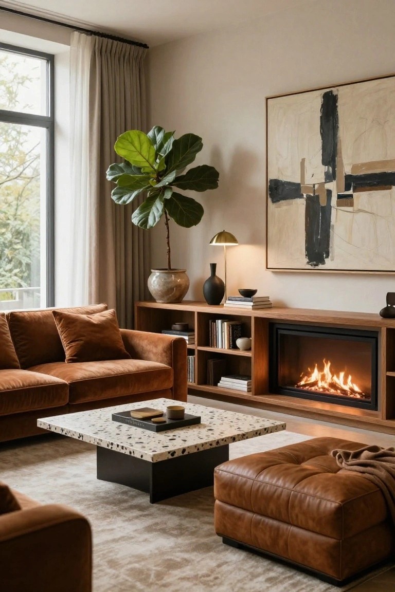 Modern living room featuring a burnt orange velvet L-shaped sofa, black and white terrazzo coffee table, tan leather ottoman, wooden cabinet with integrated gas fireplace, large potted fiddle leaf fig plant, abstract wall art, and beige curtains by a window.