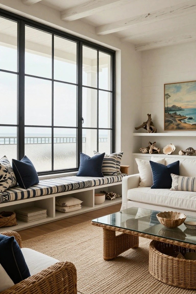 Coastal living room with a built-in striped bench seat under black-framed windows overlooking the sea, white sofa, glass coffee table, rattan chairs, and shell decor on open shelves.