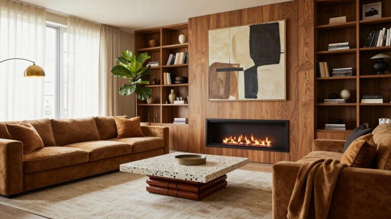 18 Impressive Luxury Living Room Partition Ideas That Define Space Modern living room featuring a burnt orange velvet L-shaped sofa, black and white terrazzo coffee table, tan leather ottoman, wooden cabinet with integrated gas fireplace, large potted fiddle leaf fig plant, abstract wall art, and beige curtains by a window.