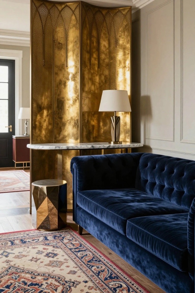Tall three-panel gold metal folding screen partition in a living room next to a navy blue tufted sofa, marble console table with brass lamp, and faceted brass stool on a patterned rug.