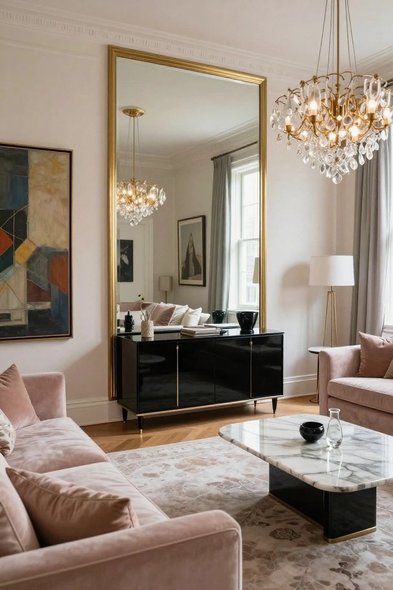 A luxury living room with a large gold-framed floor mirror over a black lacquered credenza, pink velvet sofas, marble-top coffee table, chandelier, and artwork on white walls.