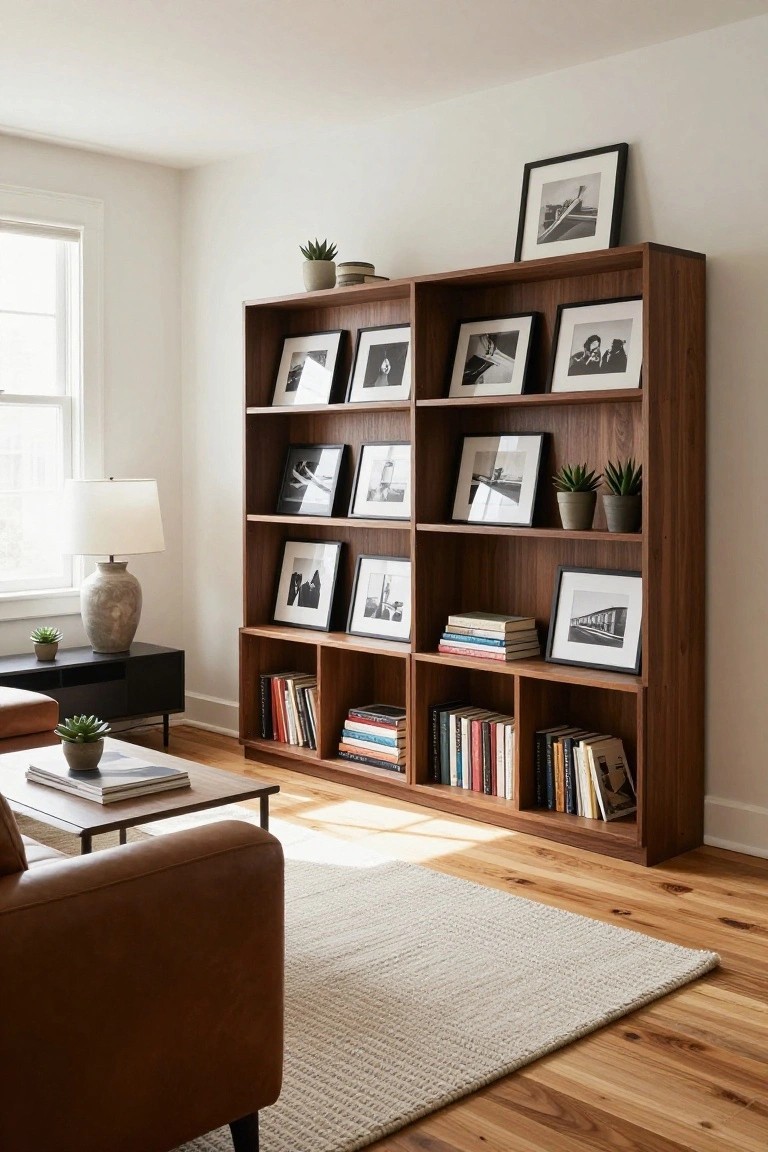 Tall wooden bookshelf partition in a living room with black-and-white framed photos, books, and potted plants on shelves, beside a tan leather sofa, coffee table, lamp, and window.