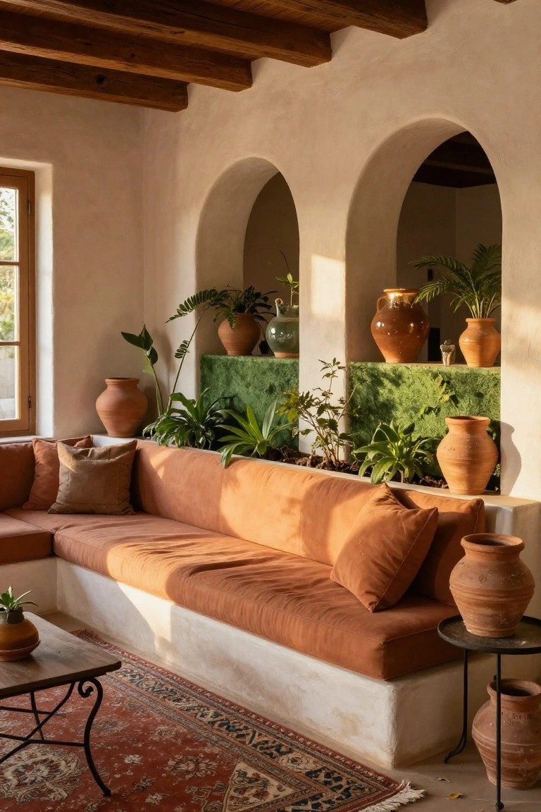 Living room with white adobe walls, wooden beam ceiling, low rust-colored sofa, green moss wall behind sofa, arched niches holding terracotta pots and plants, side tables, and patterned red rug.
