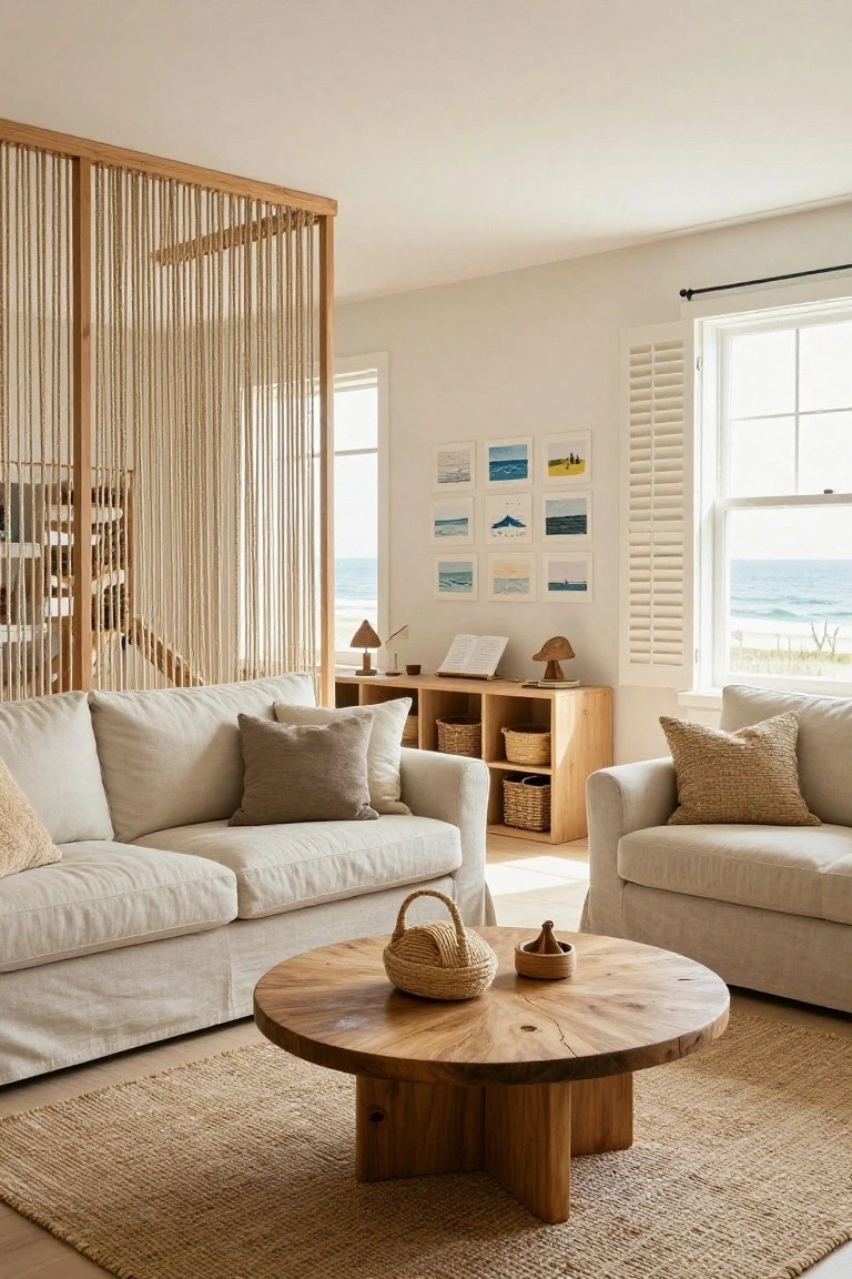 Living room with two beige linen sofas flanking a round wooden coffee table on a seagrass rug, divided by a ceiling-mounted wooden-framed rope curtain screen from a loft with wooden stairs, ocean view through nearby windows.