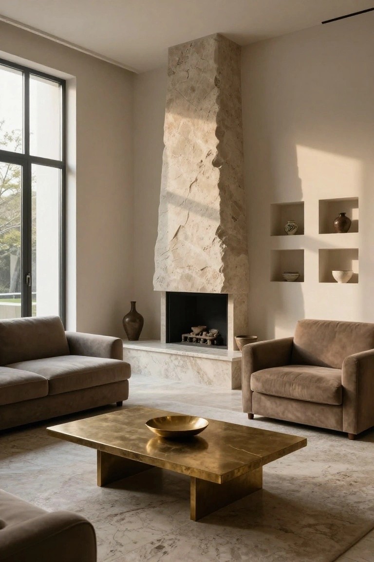 A luxury living room with a tall textured stone fireplace wall featuring niches with pottery, two beige upholstered sofas facing each other, a low brass coffee table, and large windows with greenery outside.