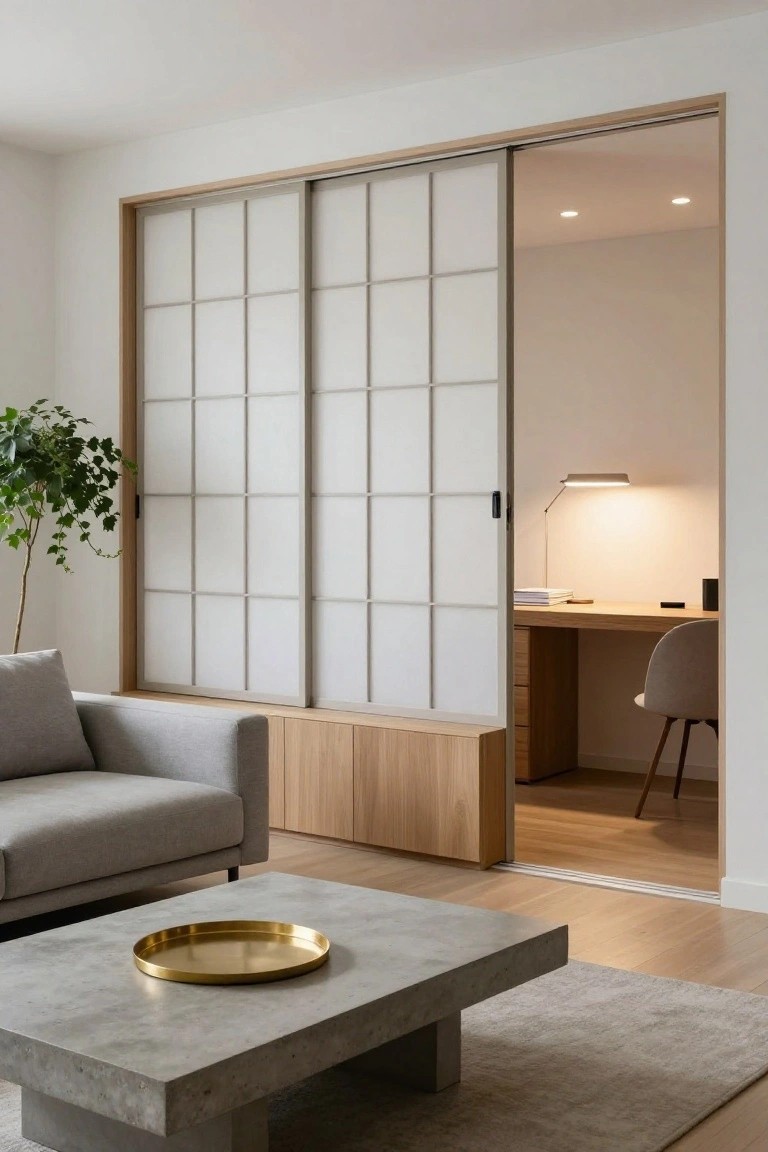 Modern living room with gray sofa, concrete coffee table, gold tray, and sliding shoji screens open to a home office featuring wooden desk, white lamp, and chair.