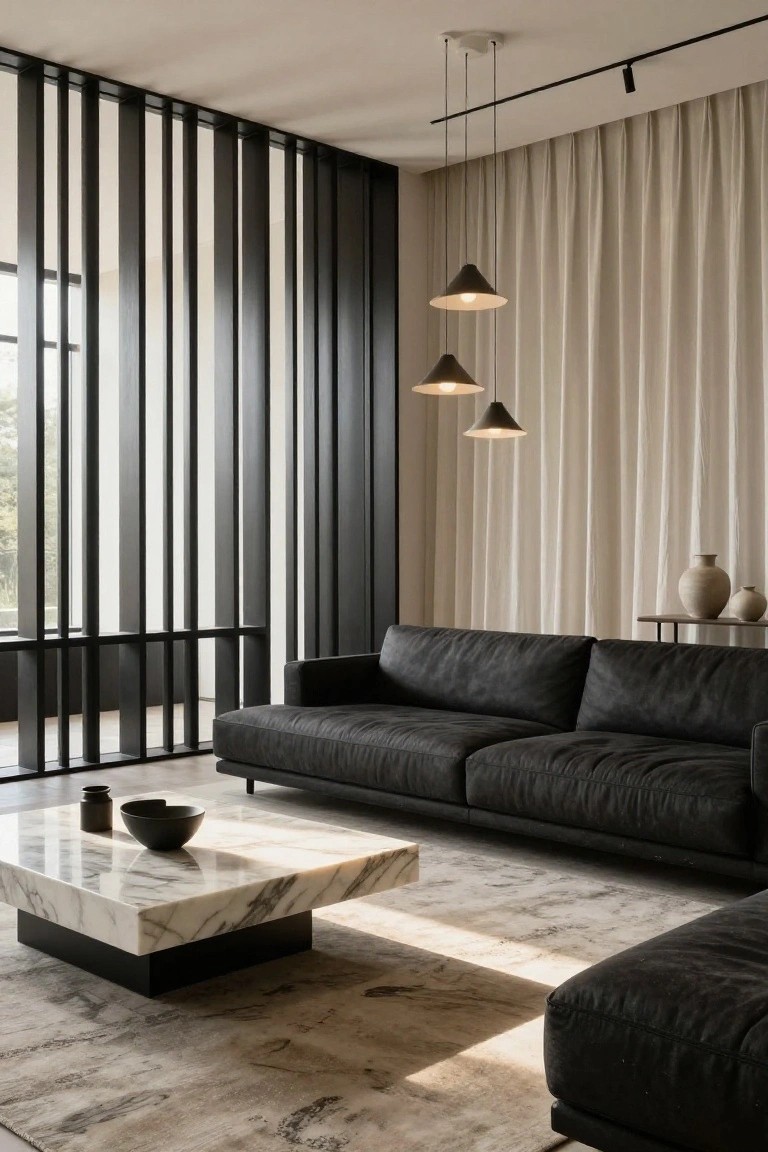 Modern living room with tall black vertical wooden slatted partition, black leather L-shaped sofa, white marble coffee table on black base, three black cone pendant lights, and beige curtains.
