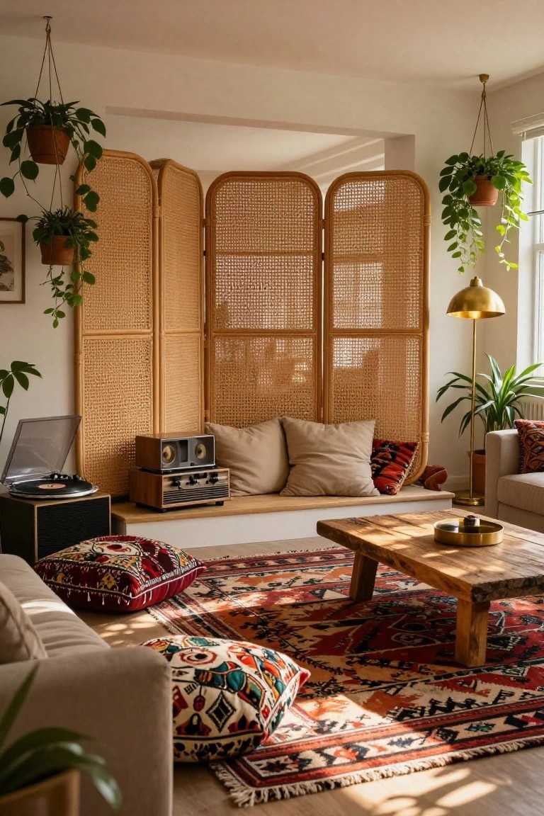 A living room with three tall beige woven rattan screens dividing the space, plants hanging from the screens and ceiling, a low platform with pillows and a record player setup, a wooden coffee table, colorful floor cushions, and a beige sofa on a patterned rug.