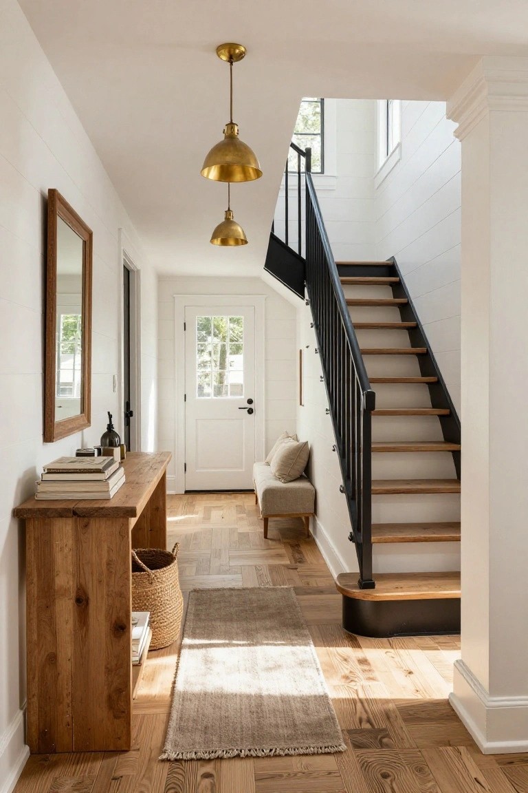 Long interior foyer with white shiplap walls, black metal open staircase with wood treads, two gold pendant lights, wooden console table topped with books and vase next to a mirror and door, beige runner rug on oak floors.