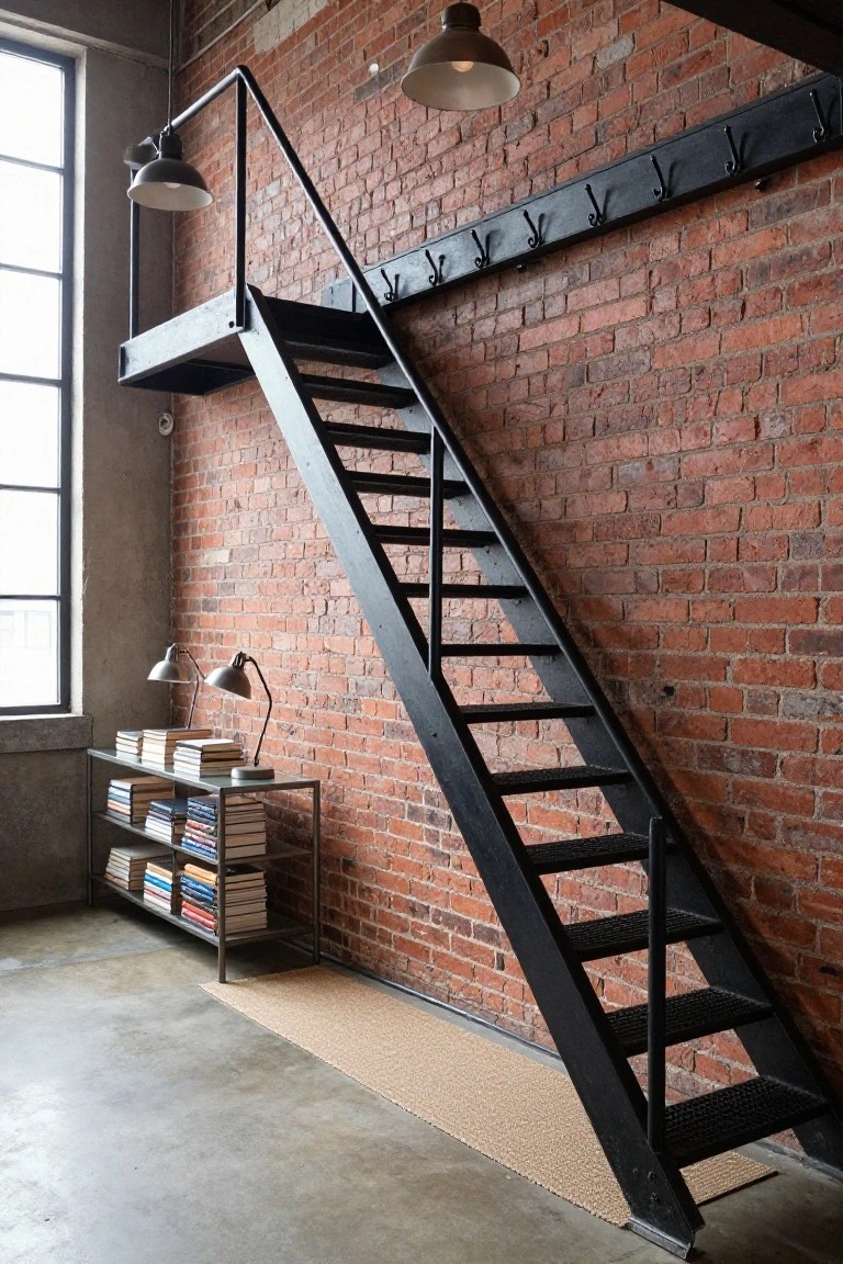 Narrow interior with exposed red brick walls, black metal staircase, metal bookshelf stacked with books, adjustable desk lamps, pendant lights overhead, and seagrass runner on concrete floor.