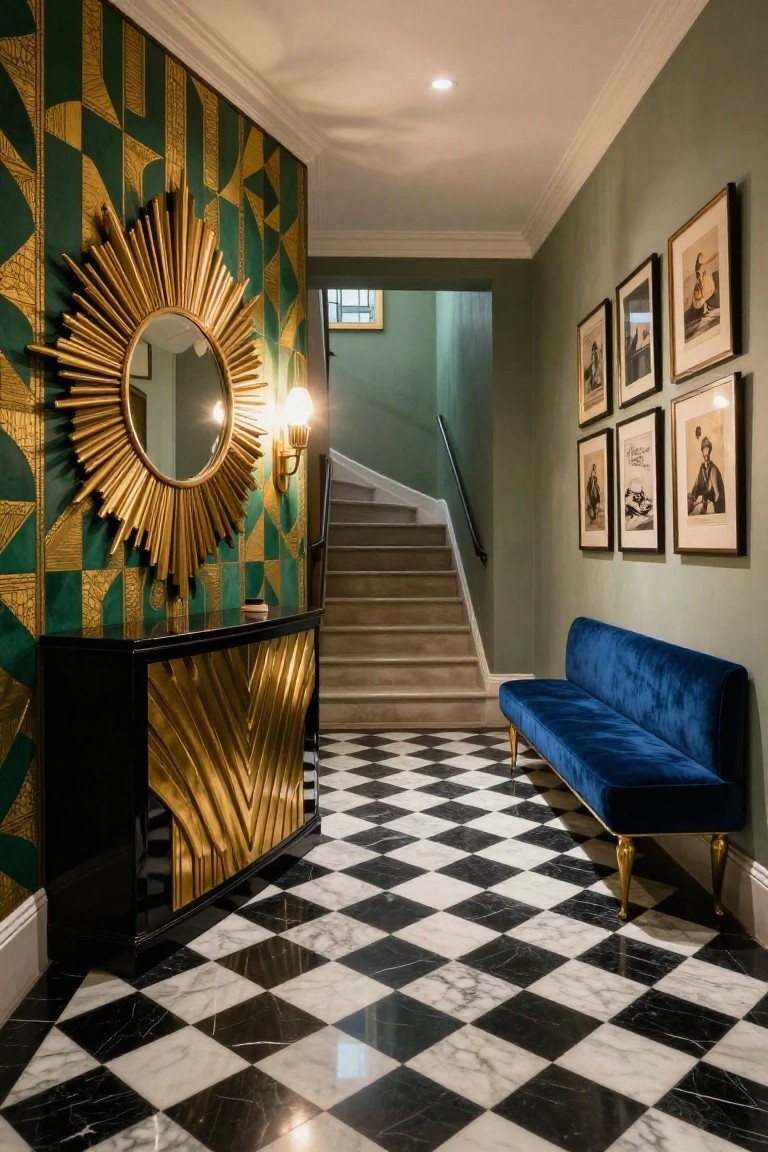 Long interior foyer with emerald green and gold geometric patterned wallpaper on one wall, large gold sunburst mirror above a brass console table, blue velvet bench, black and white marble checkered floor, and carpeted staircase.