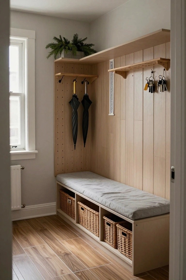 Light wood paneled wall in an entryway with built-in bench, gray cushion, wicker storage baskets below, umbrella hooks above, keys hanging, potted plant, and window.