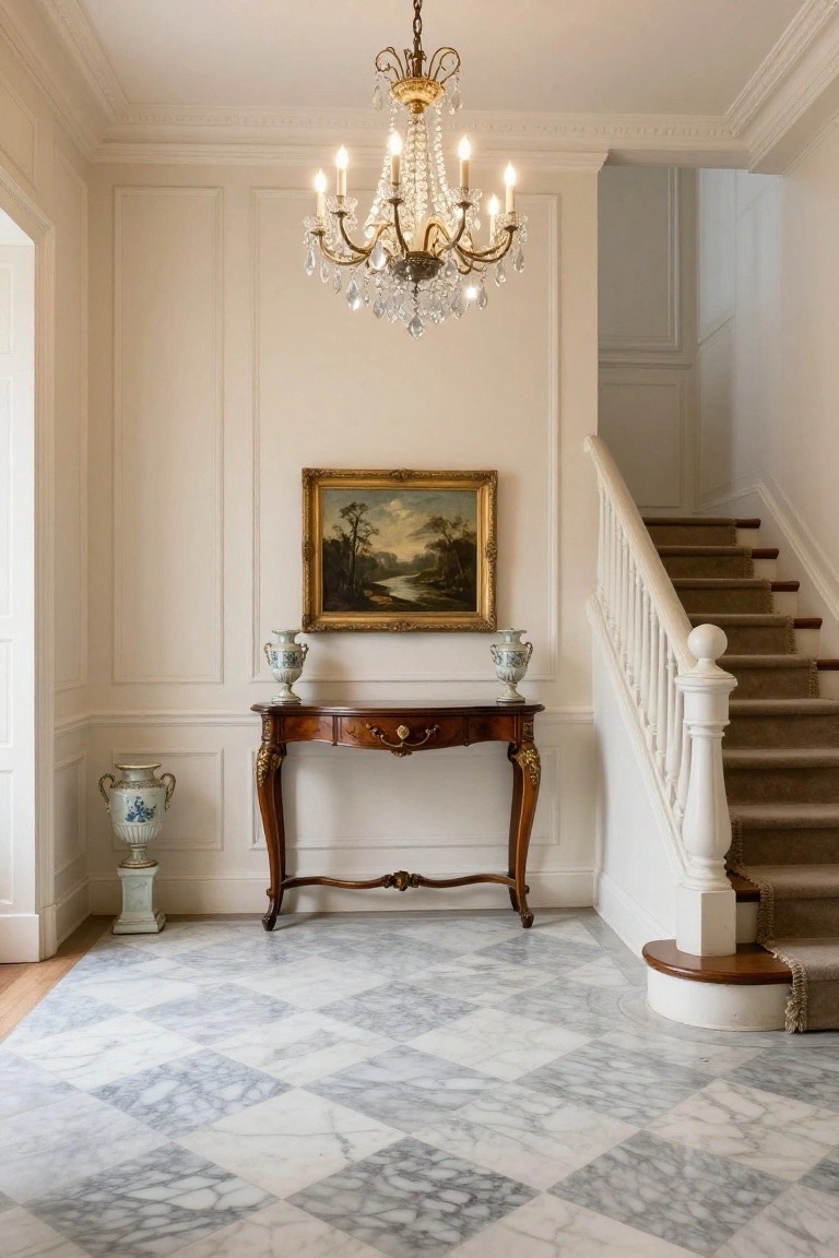 Light beige paneled foyer with crystal chandelier, wooden console table topped with vases under a gold-framed landscape painting, flanked vases, and white curved staircase on marble checkerboard floor.