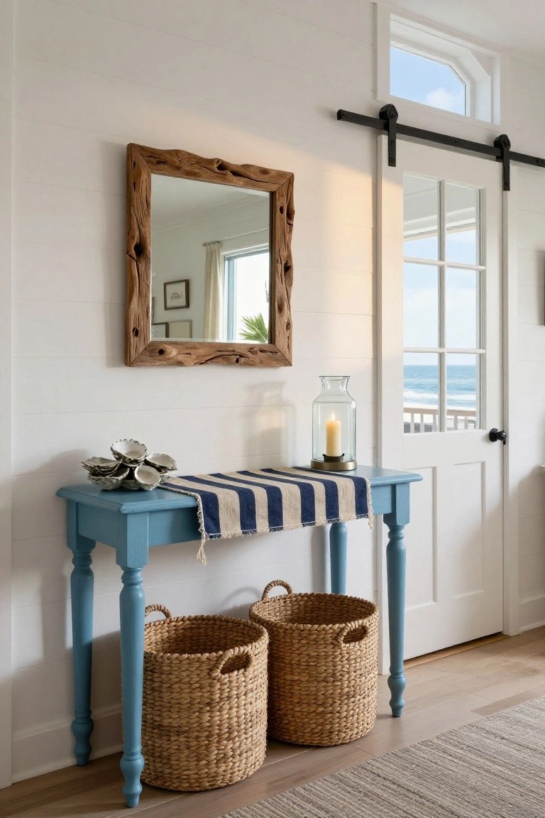 Blue painted console table with striped runner, oyster shell decor, glass lantern with candle, two seagrass baskets underneath, and driftwood frame mirror on white shiplap wall beside sliding glass door to ocean view.